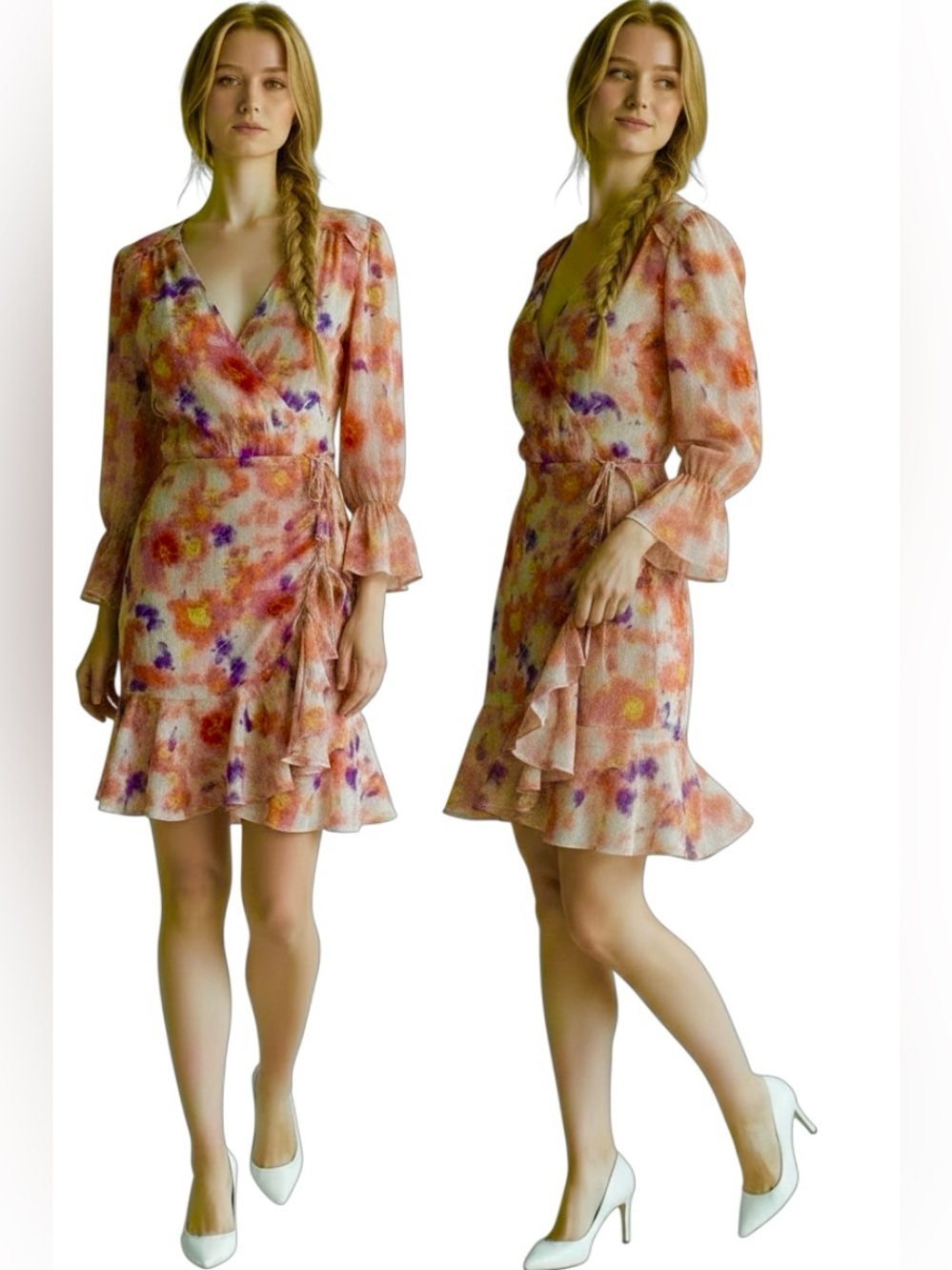 Betsey Johnson Pink Sunset Floral Ruffle Trim Wrap Dress Women’s Size 2